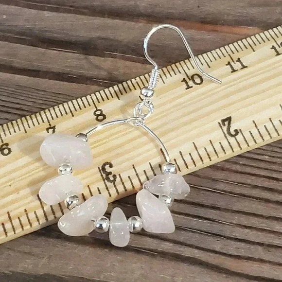 Handcrafted Baroque Rose Quartz Gemstone Sterling Silver Plated Hoop Earrings - Picture 7 of 7